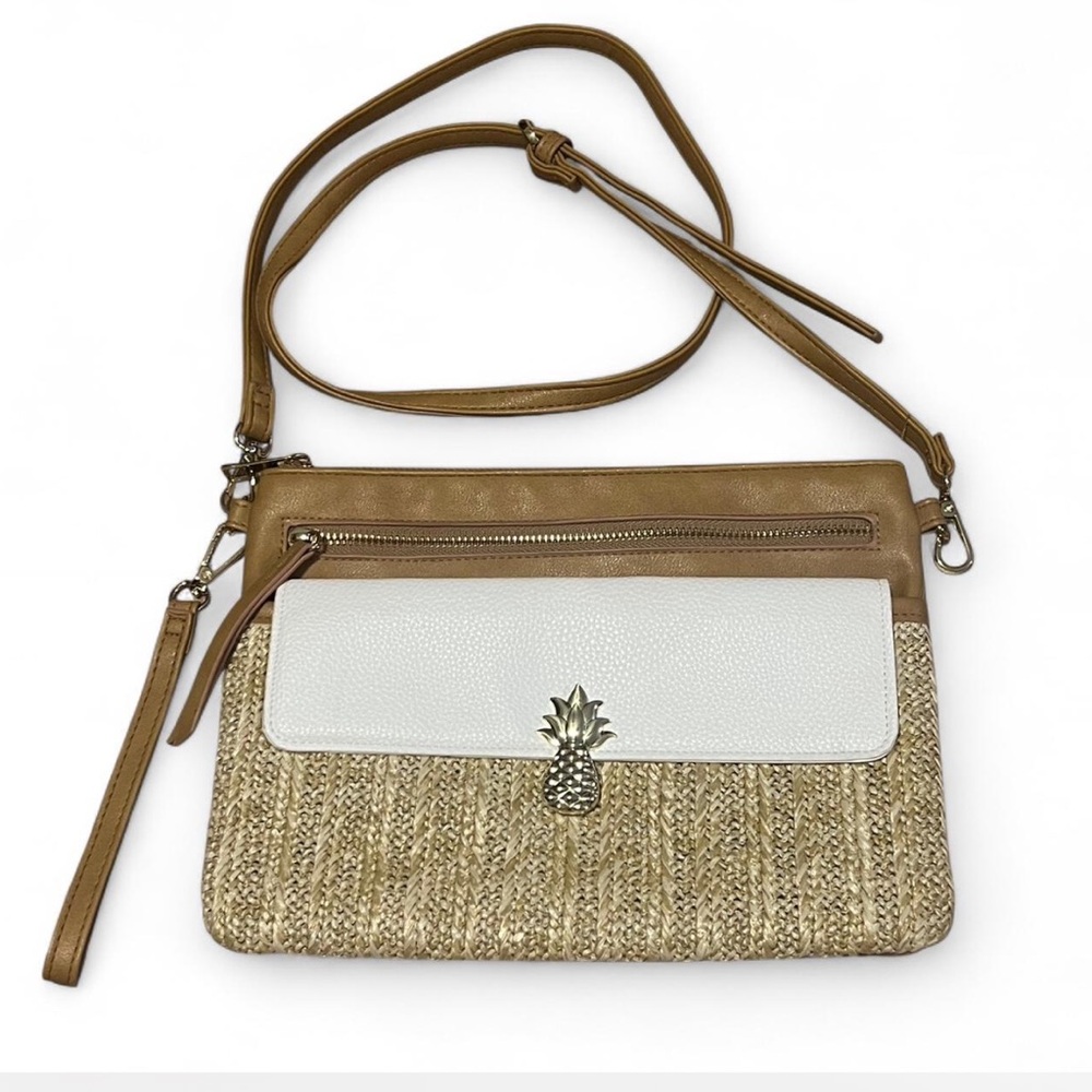 Tackle and Tide Tan & White Zipper Crossbody Bag with Gold Snap Pineapple Accent